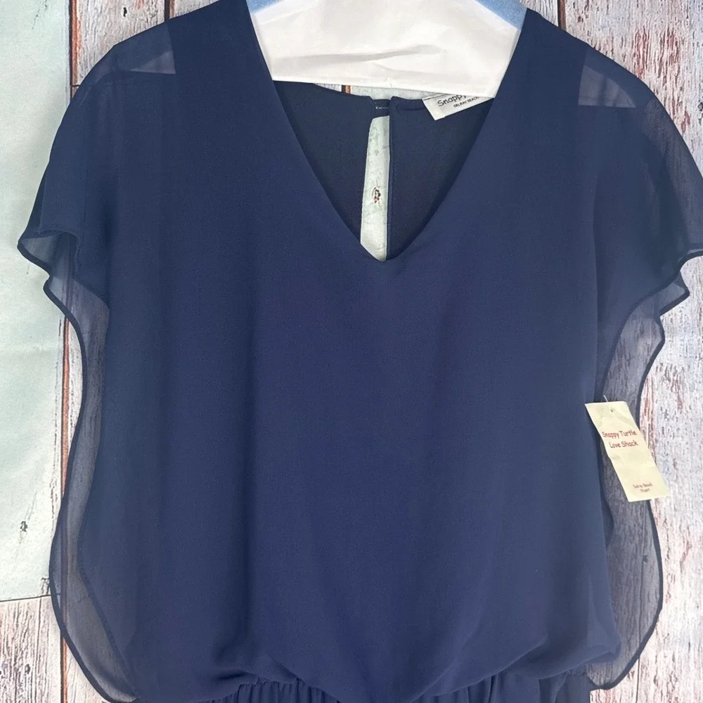 NWT Snappy Turtle Navy Blue Chiffon Overlay Jumpsuit XS Wedding Cocktail
